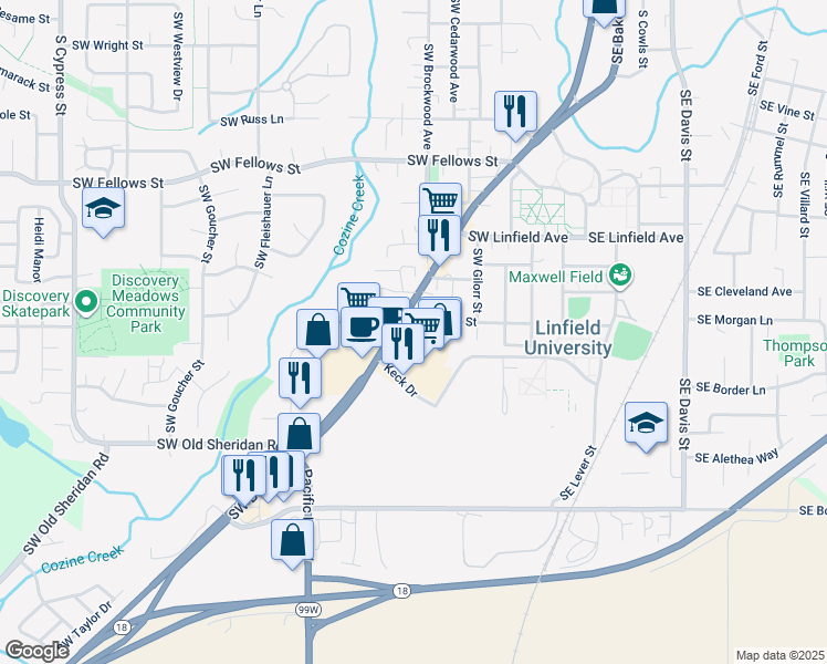 map of restaurants, bars, coffee shops, grocery stores, and more near 1500 Southwest Baker Street in McMinnville