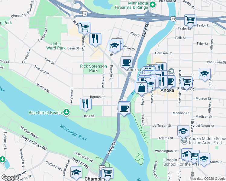 map of restaurants, bars, coffee shops, grocery stores, and more near 205 Fremont Street in Anoka