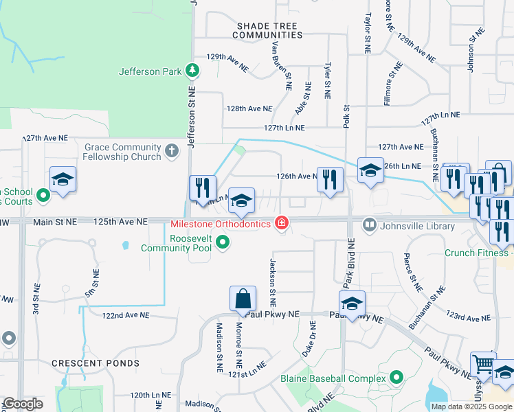 map of restaurants, bars, coffee shops, grocery stores, and more near 828 125th Lane Northeast in Blaine