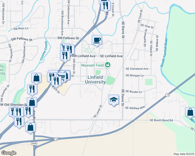 map of restaurants, bars, coffee shops, grocery stores, and more near 47 Southeast Brumback Street in McMinnville
