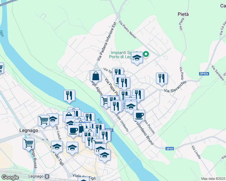 map of restaurants, bars, coffee shops, grocery stores, and more near 18 Via Nino Bixio in Legnago