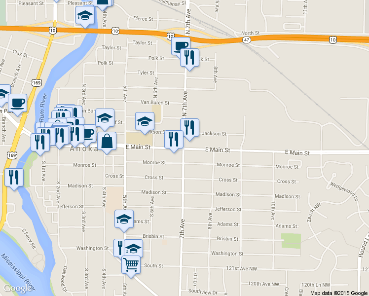 map of restaurants, bars, coffee shops, grocery stores, and more near 703 E Main St in Anoka