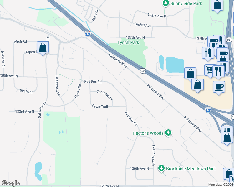 map of restaurants, bars, coffee shops, grocery stores, and more near 13397 Red Fox Road in Rogers