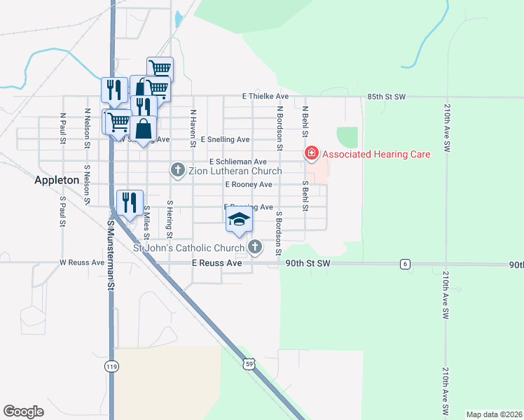 map of restaurants, bars, coffee shops, grocery stores, and more near 334 East Ronning Avenue in Appleton