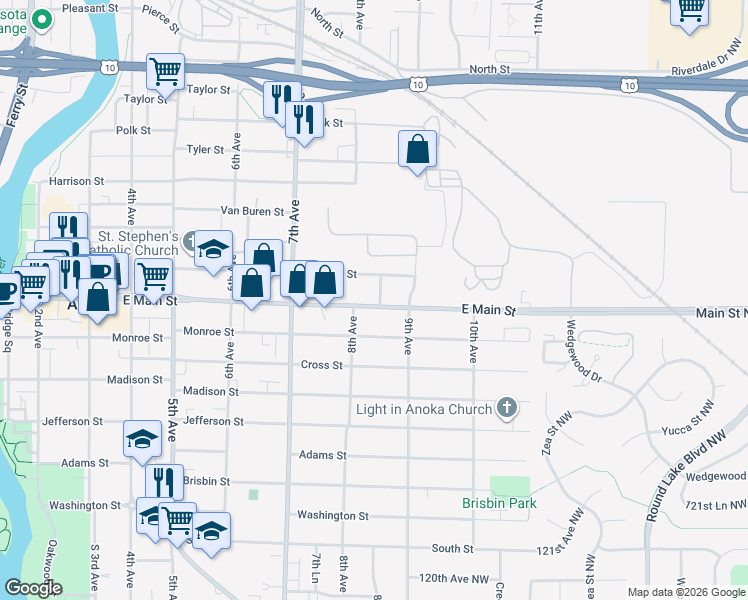 map of restaurants, bars, coffee shops, grocery stores, and more near 811 East Main Street in Anoka