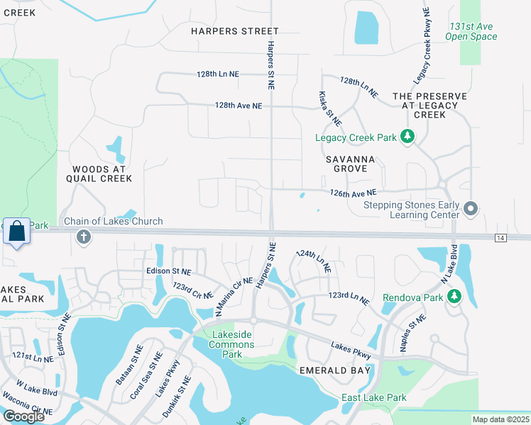 map of restaurants, bars, coffee shops, grocery stores, and more near 12550 Harpers Street Northeast in Blaine