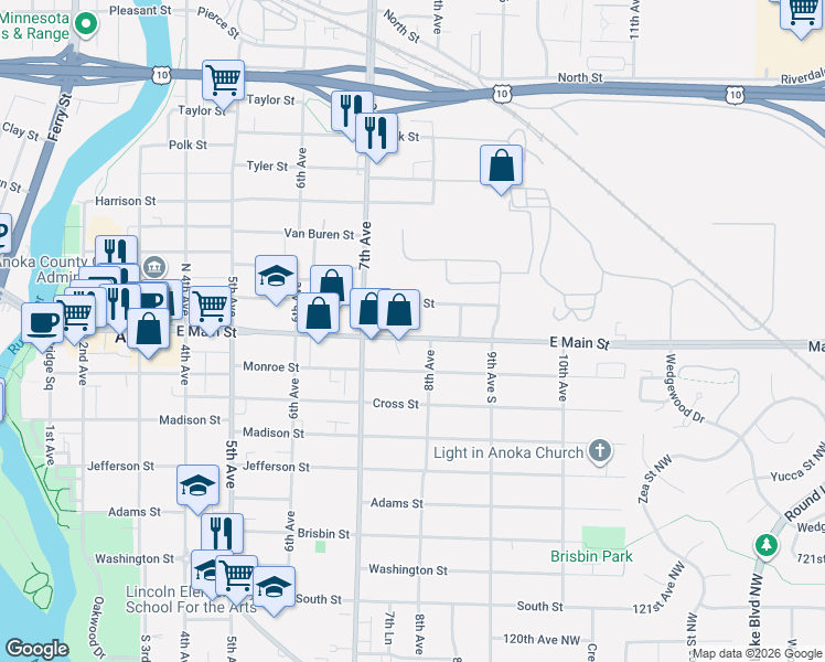 map of restaurants, bars, coffee shops, grocery stores, and more near 745 East Main Street in Anoka