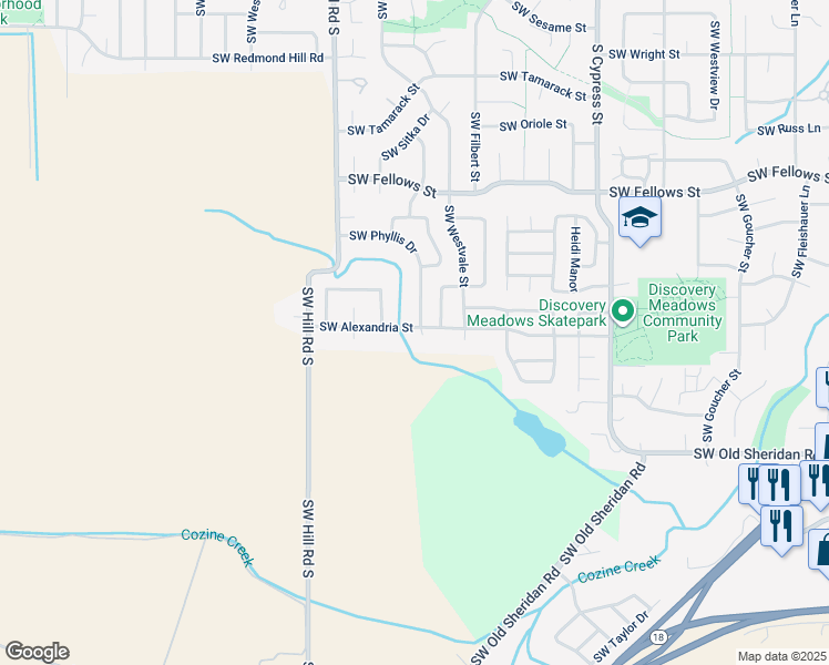 map of restaurants, bars, coffee shops, grocery stores, and more near 2038 Southwest Alexandria Street in McMinnville