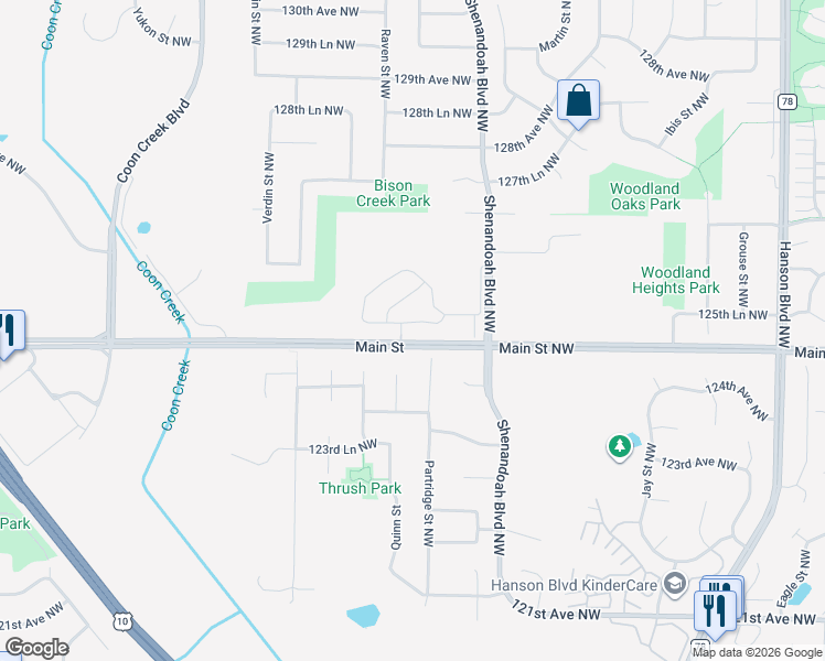 map of restaurants, bars, coffee shops, grocery stores, and more near 2144 125th Lane Northwest in Coon Rapids