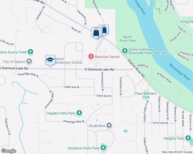 map of restaurants, bars, coffee shops, grocery stores, and more near 13440 Balsam Lane North in Dayton