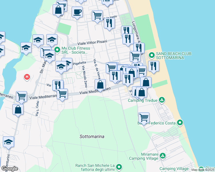 map of restaurants, bars, coffee shops, grocery stores, and more near 178 Viale Mediterraneo in Chioggia
