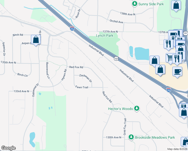 map of restaurants, bars, coffee shops, grocery stores, and more near 13397 Red Fox Road in Rogers