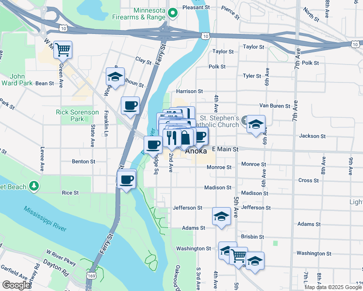 map of restaurants, bars, coffee shops, grocery stores, and more near 219 East Main Street in Anoka