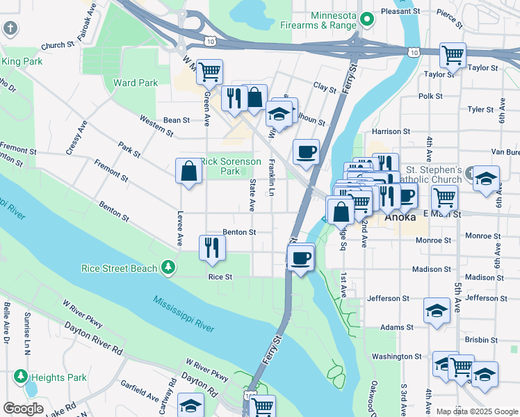 map of restaurants, bars, coffee shops, grocery stores, and more near 321 Fremont Street in Anoka