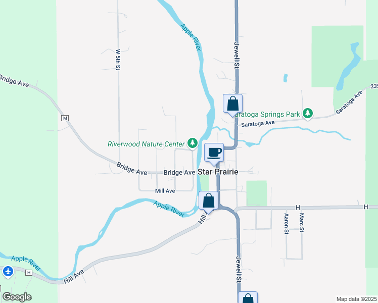 map of restaurants, bars, coffee shops, grocery stores, and more near 217 West 1st Street in Star Prairie