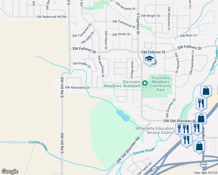 map of restaurants, bars, coffee shops, grocery stores, and more near 1835 Southwest Alexandria Street in McMinnville