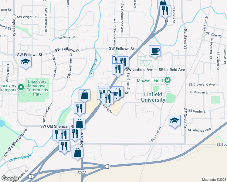map of restaurants, bars, coffee shops, grocery stores, and more near 1500 Southwest Baker Street in McMinnville