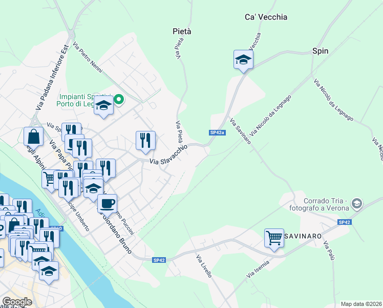 map of restaurants, bars, coffee shops, grocery stores, and more near 12 Via Slavacchio in Legnago
