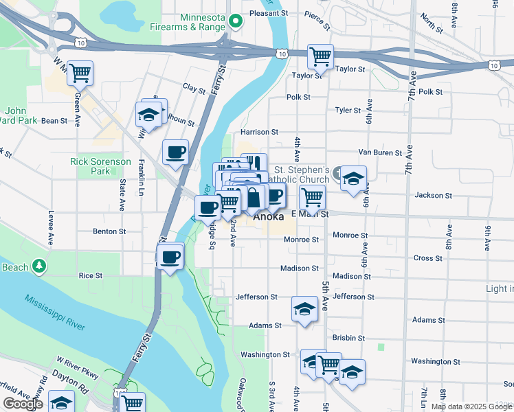 map of restaurants, bars, coffee shops, grocery stores, and more near 219 East Main Street in Anoka