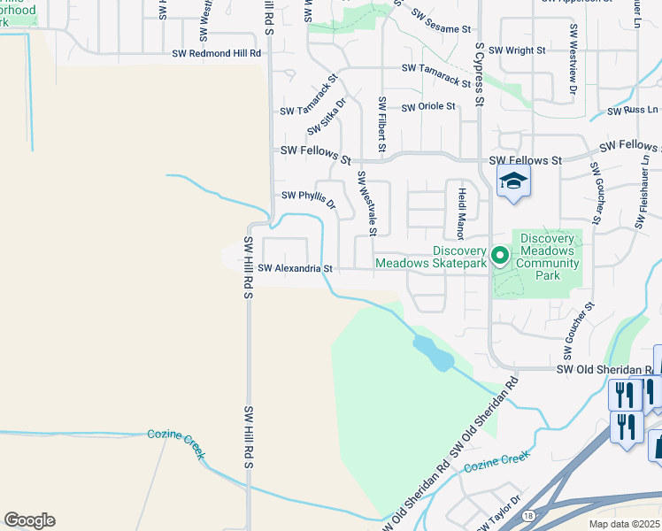 map of restaurants, bars, coffee shops, grocery stores, and more near 2038 Southwest Alexandria Street in McMinnville