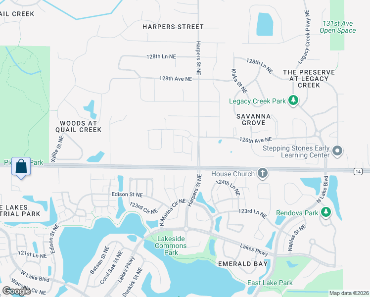 map of restaurants, bars, coffee shops, grocery stores, and more near 12550 Harpers Street Northeast in Blaine