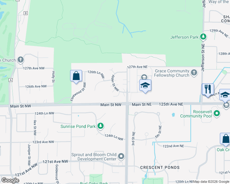 map of restaurants, bars, coffee shops, grocery stores, and more near 18 125th Lane Northwest in Minneapolis