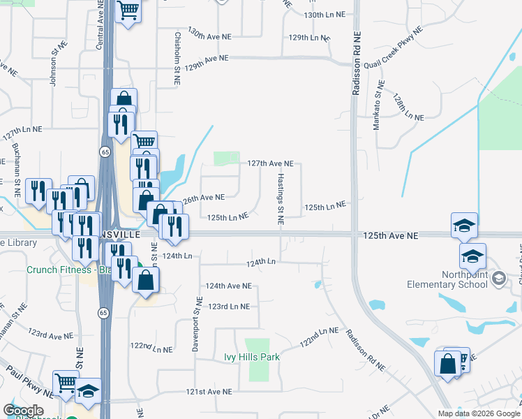 map of restaurants, bars, coffee shops, grocery stores, and more near 1792 125th Court Northeast in Blaine