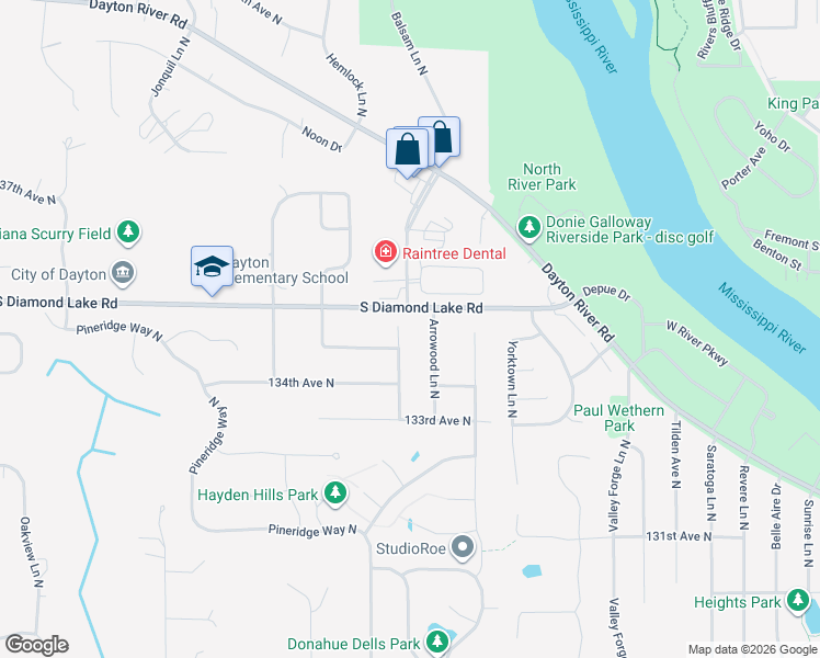 map of restaurants, bars, coffee shops, grocery stores, and more near 13440 Balsam Lane North in Dayton