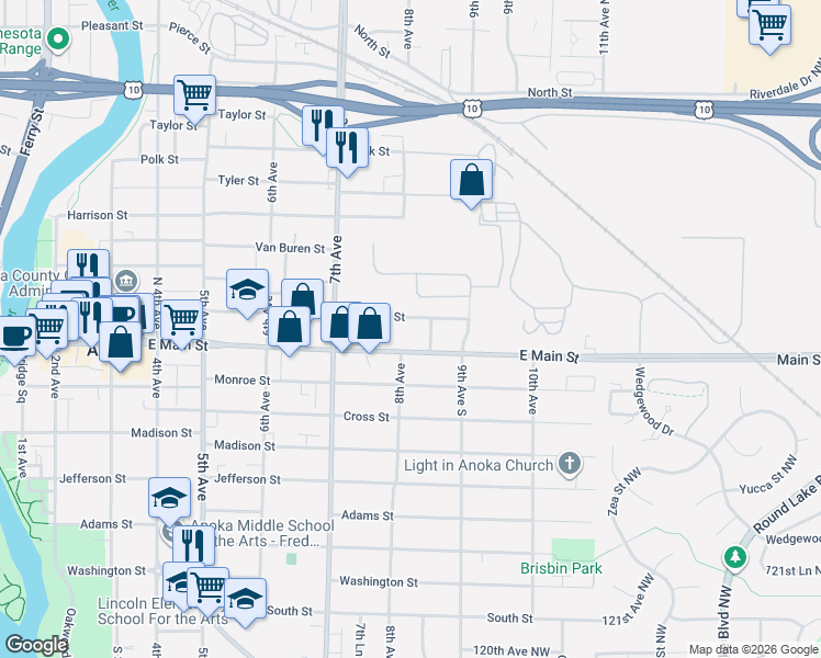 map of restaurants, bars, coffee shops, grocery stores, and more near 811 East Main Street in Anoka