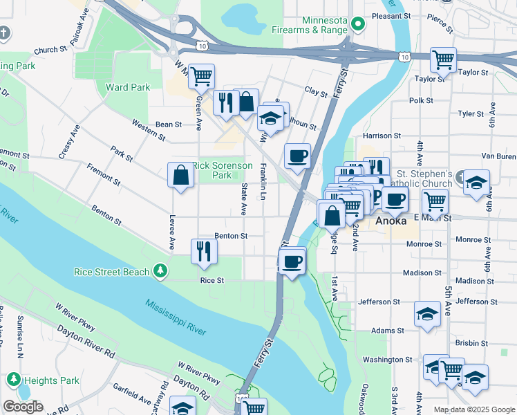 map of restaurants, bars, coffee shops, grocery stores, and more near 321 Fremont Street in Anoka