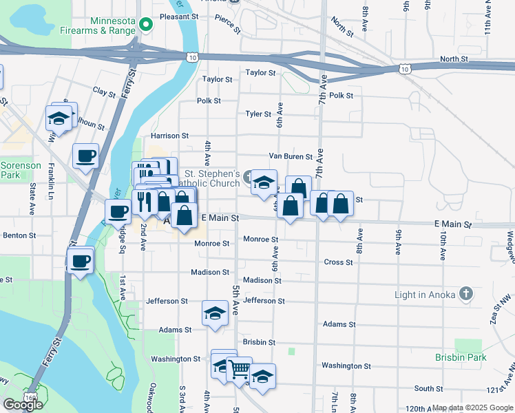 map of restaurants, bars, coffee shops, grocery stores, and more near 506 Jackson Street in Anoka