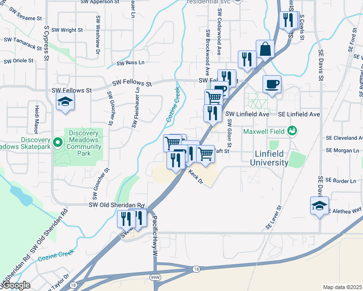 map of restaurants, bars, coffee shops, grocery stores, and more near 1501 Southwest Baker Street in McMinnville