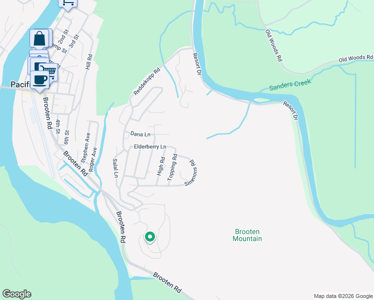 map of restaurants, bars, coffee shops, grocery stores, and more near 7705 Simmons Road in Pacific City