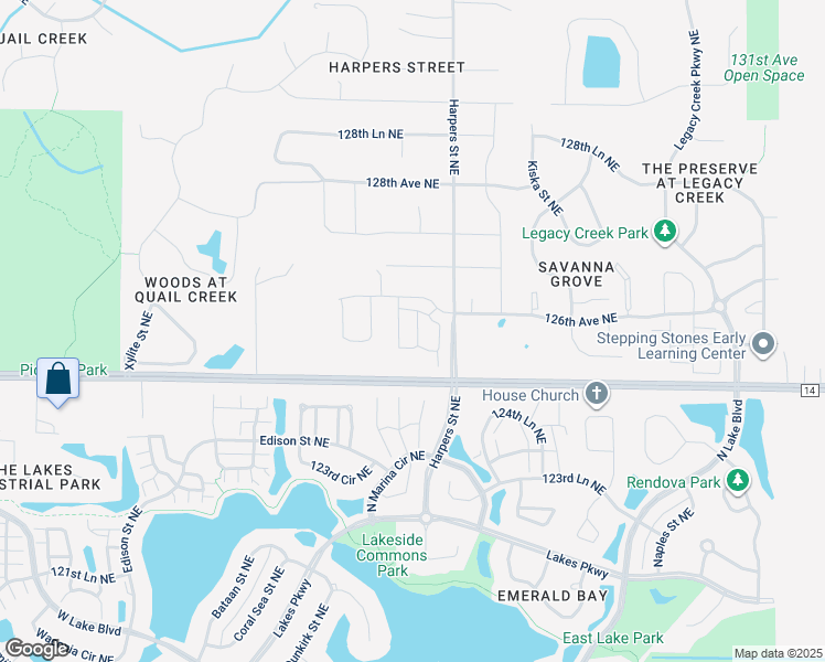 map of restaurants, bars, coffee shops, grocery stores, and more near 12550 Harpers Street Northeast in Blaine