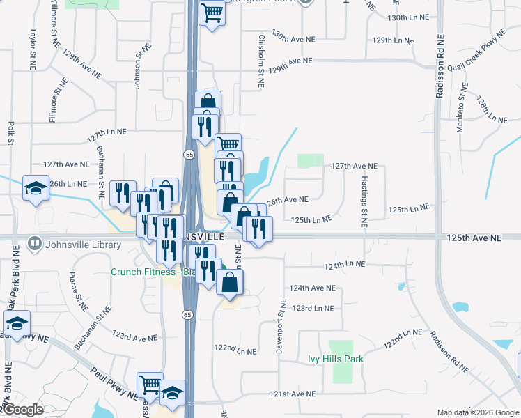 map of restaurants, bars, coffee shops, grocery stores, and more near 1516 126th Avenue Northeast in Minneapolis