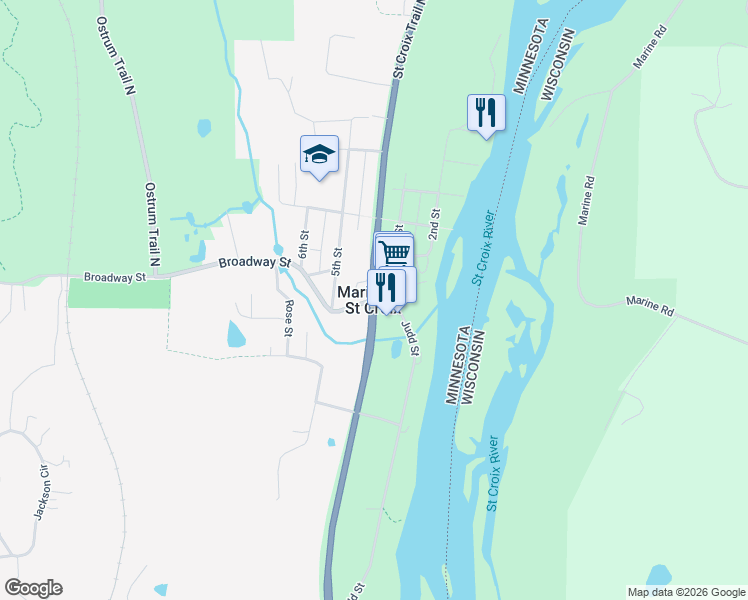 map of restaurants, bars, coffee shops, grocery stores, and more near Maple Street in Marine on St. Croix