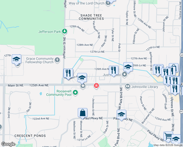 map of restaurants, bars, coffee shops, grocery stores, and more near 828 125th Lane Northeast in Blaine