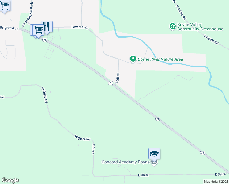 map of restaurants, bars, coffee shops, grocery stores, and more near 89-97 Highway 75 in Boyne City