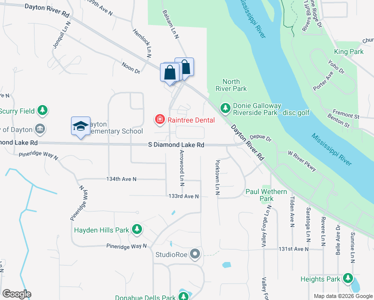 map of restaurants, bars, coffee shops, grocery stores, and more near 13460 Arrowood Lane North in Dayton