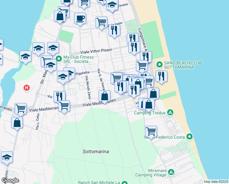 map of restaurants, bars, coffee shops, grocery stores, and more near 178 Viale Mediterraneo in Chioggia