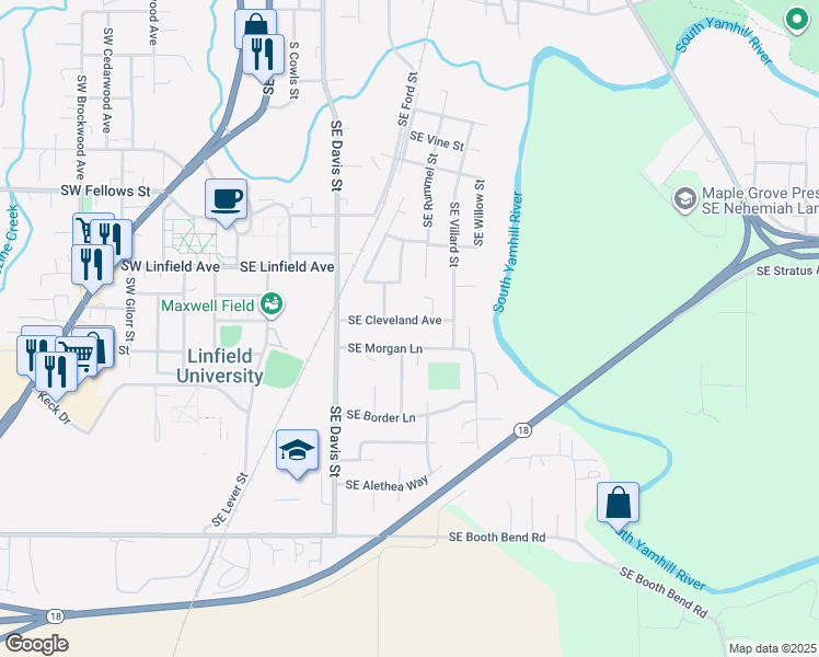 map of restaurants, bars, coffee shops, grocery stores, and more near 722 Southeast Morgan Lane in McMinnville