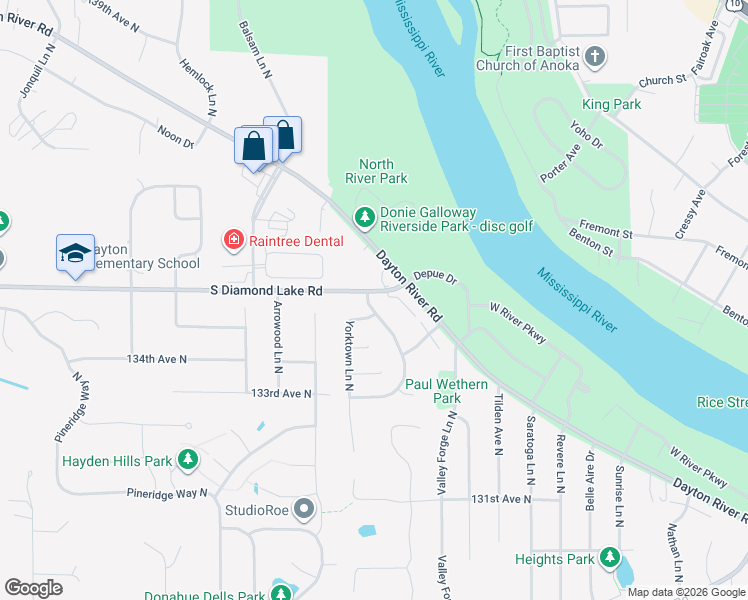 map of restaurants, bars, coffee shops, grocery stores, and more near 13420 Linwood Forest Circle in Champlin