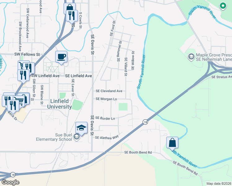 map of restaurants, bars, coffee shops, grocery stores, and more near 722 Southeast Morgan Lane in McMinnville