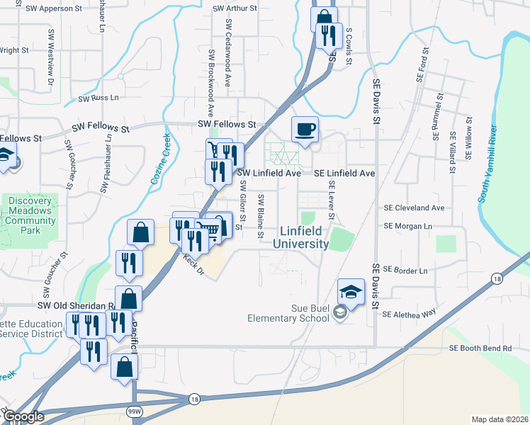 map of restaurants, bars, coffee shops, grocery stores, and more near 1349 Southwest Blaine Street in McMinnville