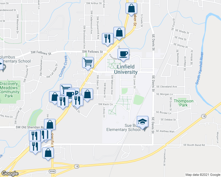 map of restaurants, bars, coffee shops, grocery stores, and more near 1327 Southwest Melrose Avenue in McMinnville