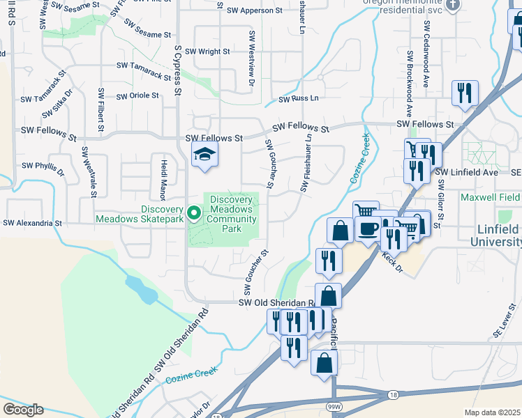 map of restaurants, bars, coffee shops, grocery stores, and more near 1512 Southwest Cozine Street in McMinnville