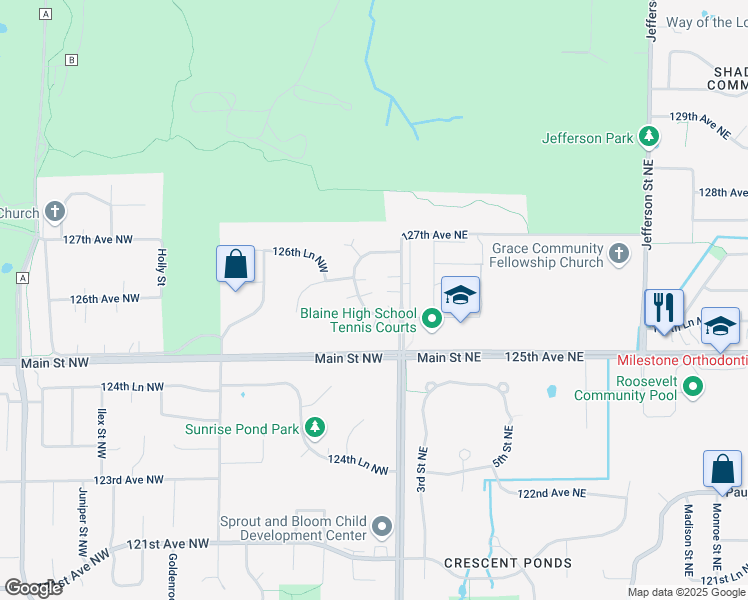 map of restaurants, bars, coffee shops, grocery stores, and more near 12619 Alder Street Northwest in Minneapolis