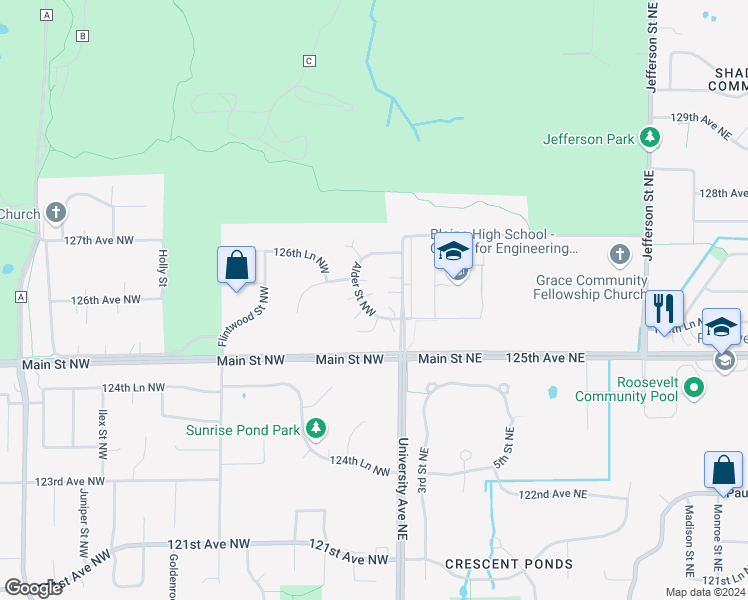 map of restaurants, bars, coffee shops, grocery stores, and more near 12619 Alder Street Northwest in Minneapolis
