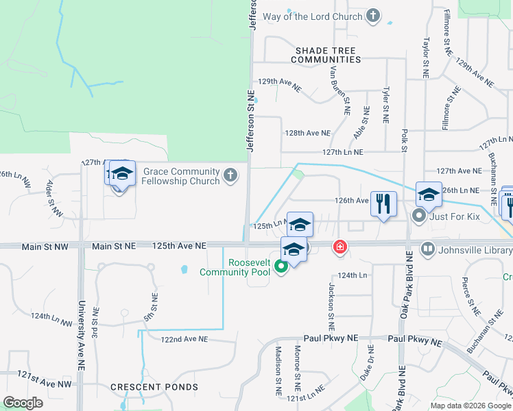 map of restaurants, bars, coffee shops, grocery stores, and more near 12565 Jefferson Street Northeast in Blaine