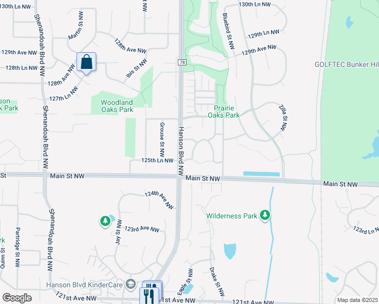 map of restaurants, bars, coffee shops, grocery stores, and more near 1584 126th Lane Northwest in Minneapolis